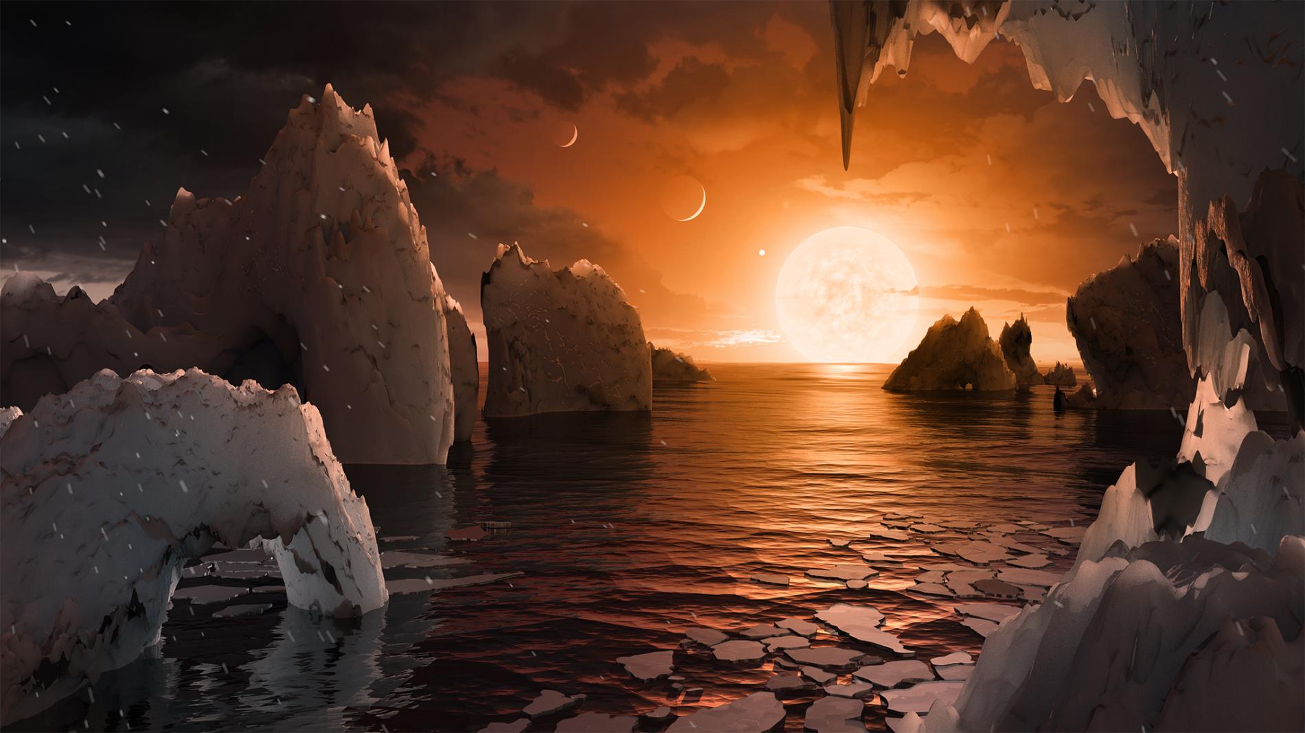 An illustration shows the possible scene on the surface of the planet called TRAPPIST-1f. 